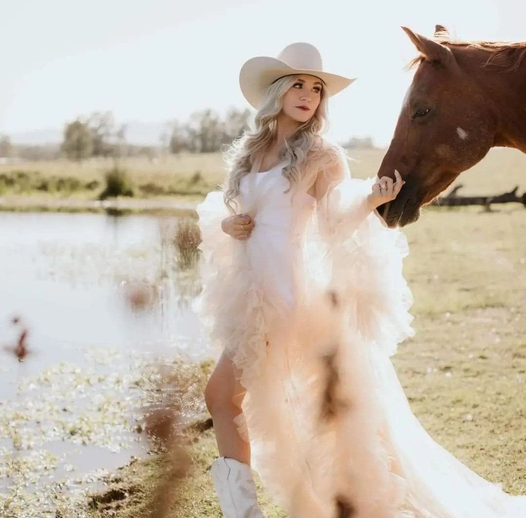 Audrey Tulle Photoshoot Robe ~ Beige - Maternity Photoshoot Robe - Bridal Robe