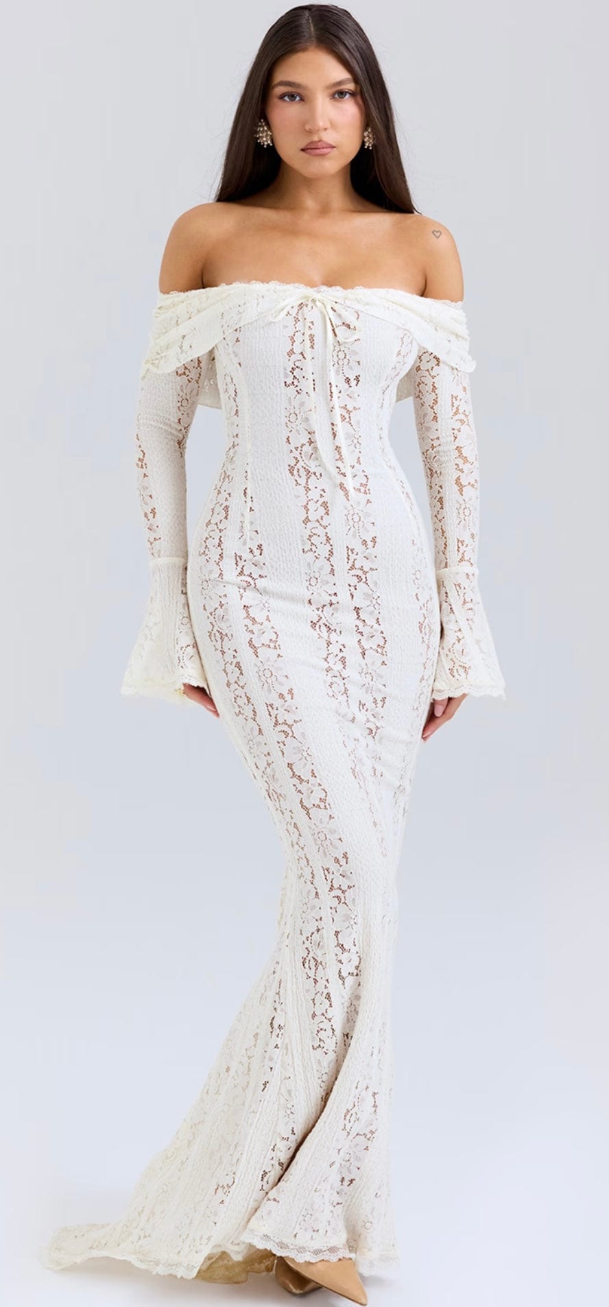 A lady modeling Everything Lace Hire House of CB Belle Dress in ivory lace.