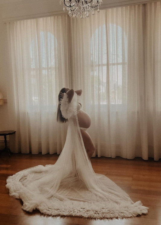 Audrey Tulle Photoshoot Robe ~ White Pearls - Maternity Photoshoot Robe - Bridal Robe