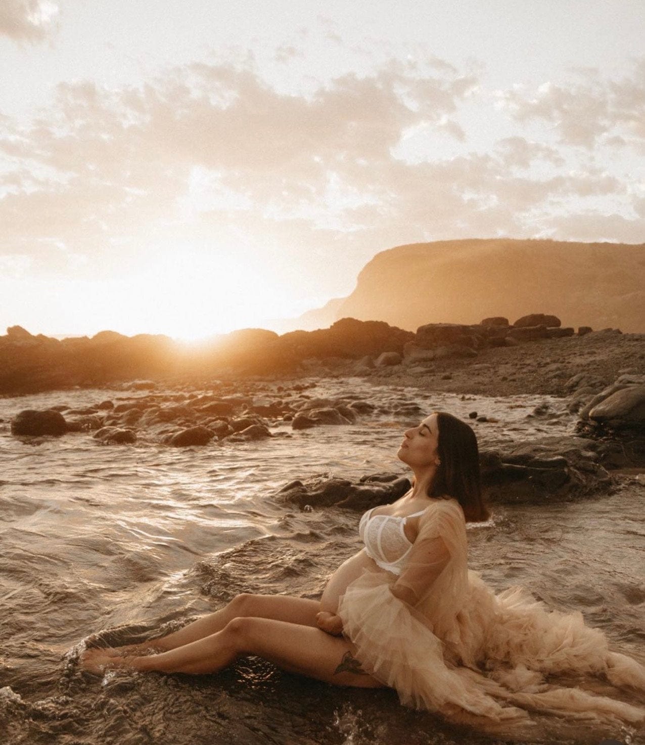 Audrey Tulle Photoshoot Robe ~ Beige - Maternity Photoshoot Robe - Bridal Robe