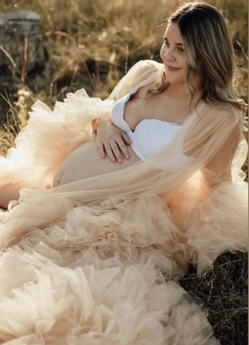 Audrey Tulle Photoshoot Robe ~ Beige - Maternity Photoshoot Robe - Bridal Robe