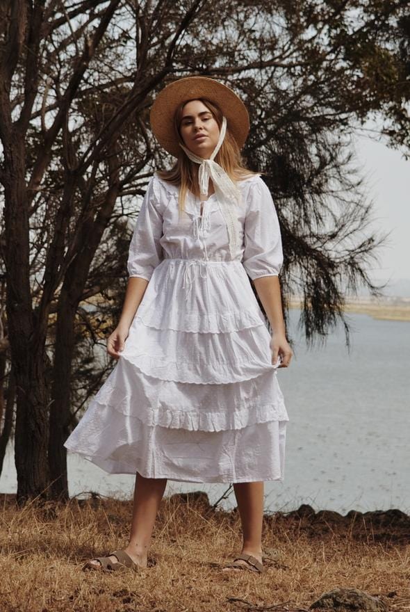 white cotton motherhood dress. Maternity dress hire Australia