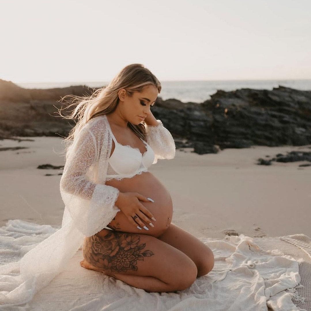 Beach Petite Maternity Dress For Photoshoot Ivy Beaded Maternity Photoshoot Robe Everything Lace Hire Beach Petite Maternity Dress For Photoshoot Ivy Beaded Maternity Photoshoot Robe Everything Lace Hire