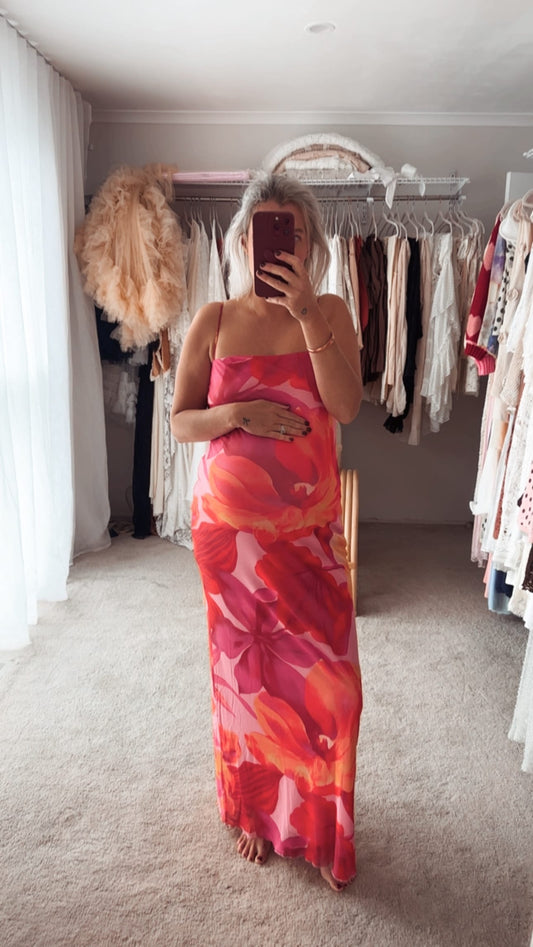 Vibrant floral maxi Baby Shower Dress 