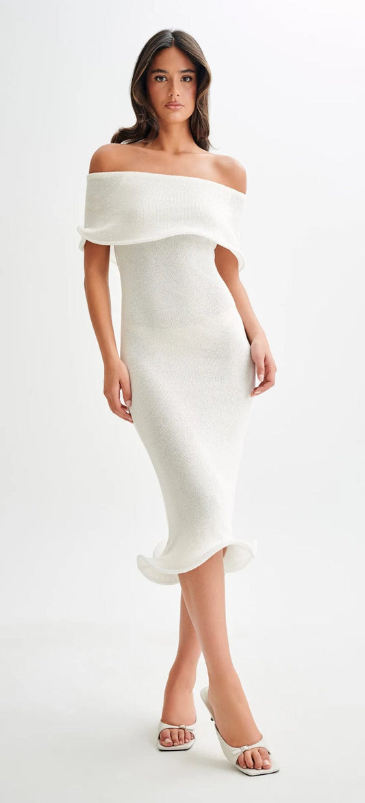 Meshki Marisol Off Shoulder Boucle Maxi Dress Ivory to Hire – Everything  Lace Hire