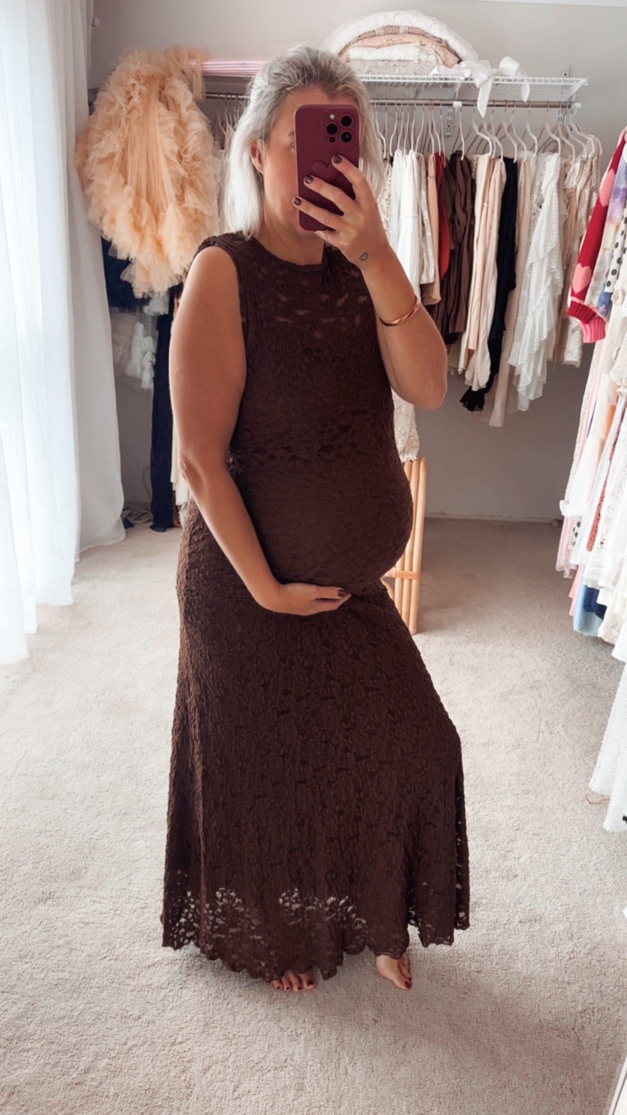 The Perfect Chocolate Brown Lace Baby Shower Dress to celebrate your upcoming Baby Shower