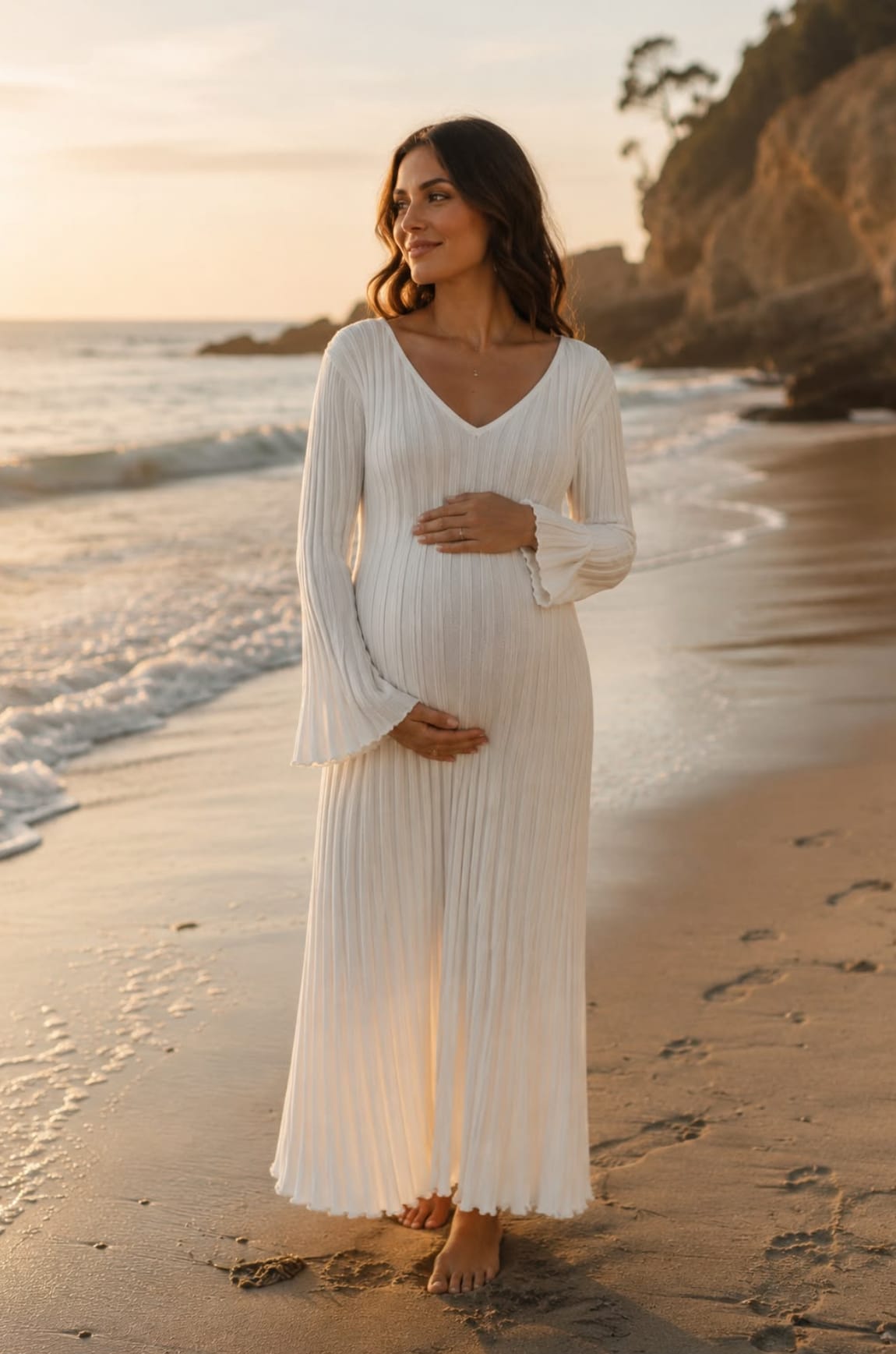 Pregnant woman in Everything Lace Hire Reign white dress standing on a beach at sunset during her maternity photoshoot