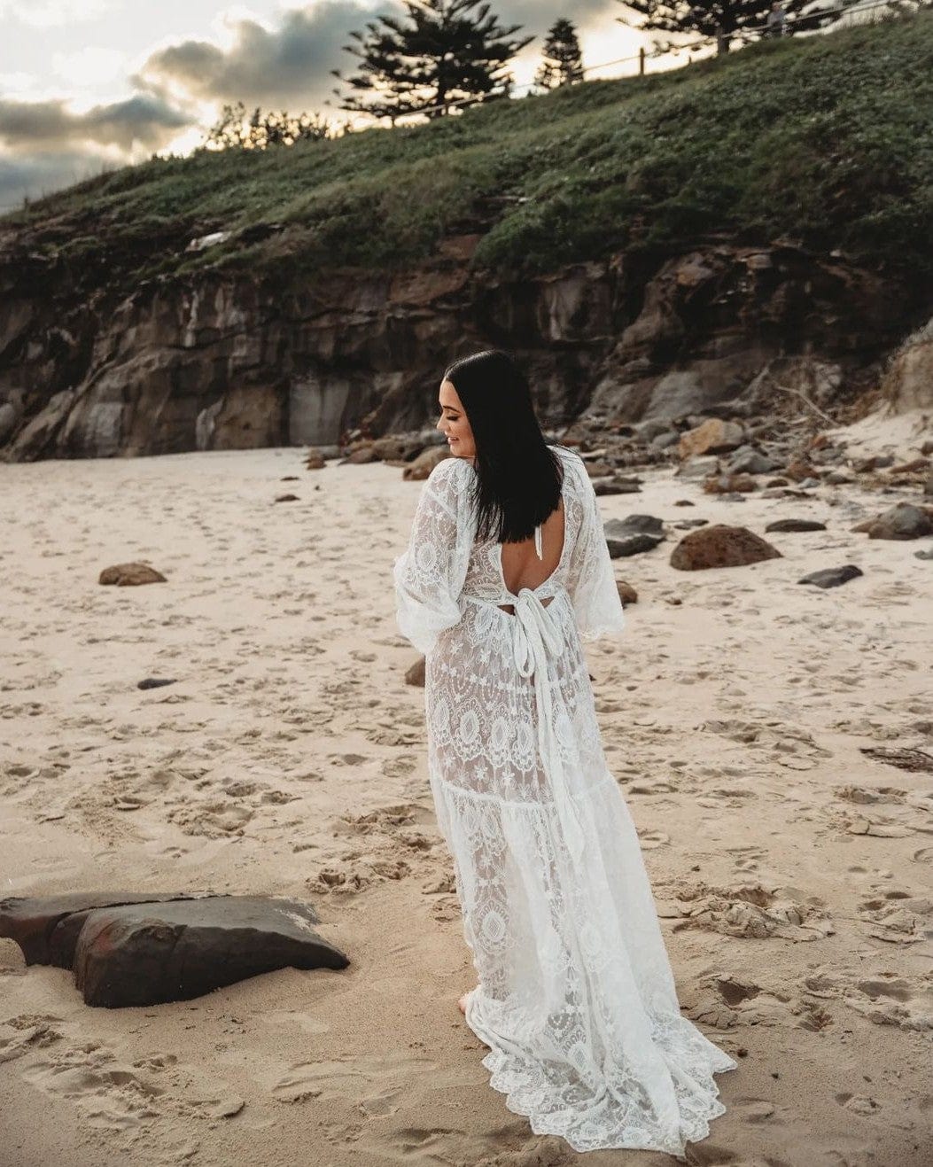 Lace maternity robe worn for maternity beach photoshoot